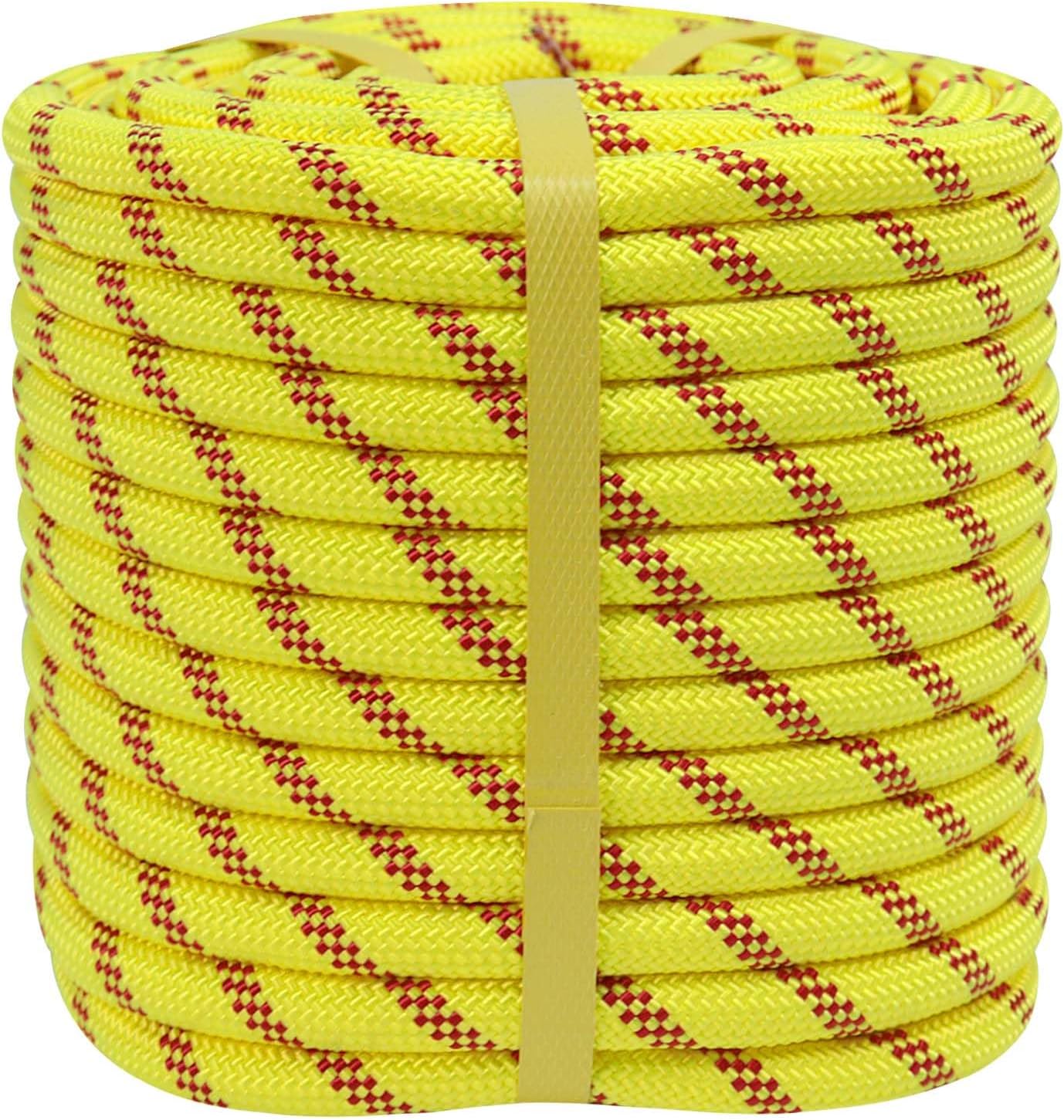 Double Braided Arborist Rigging Rope (1/2 in x 100 ft) Strong Polyester Rope 48 Strands for Tree Work Pulling Swing Sailing, Fluorescent Yellow/Red