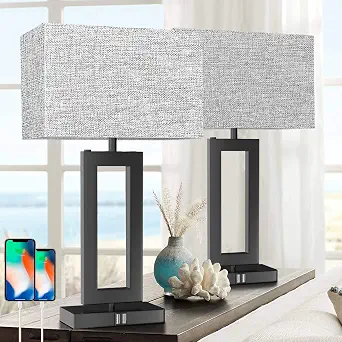 22’’ Tall Set of 2 Touch Control Table Lamp w. 2 USB Ports, 3-Way Dimmable Modern Bedroom Bedside Touch Lamps w. Fabric Gray Shade for Living Room End Table Nightstand Reading