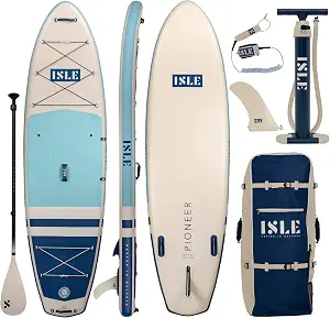 ISLE Pioneer Inflatable Stand Up Paddle Board, Incl. Coil Leash, Touring Center Fin, Backpack, Hand Pump, Paddle - Beginner Friendly SUP