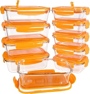 ZRRHOO 10 Pack Orange Food Storage Container Set, Glass Meal Prep Containers with Lids (Built in Vent), Airtight Bento Boxes for Microwave, Oven, Freezer and Dishwasher, BPA Free & Leak Proof