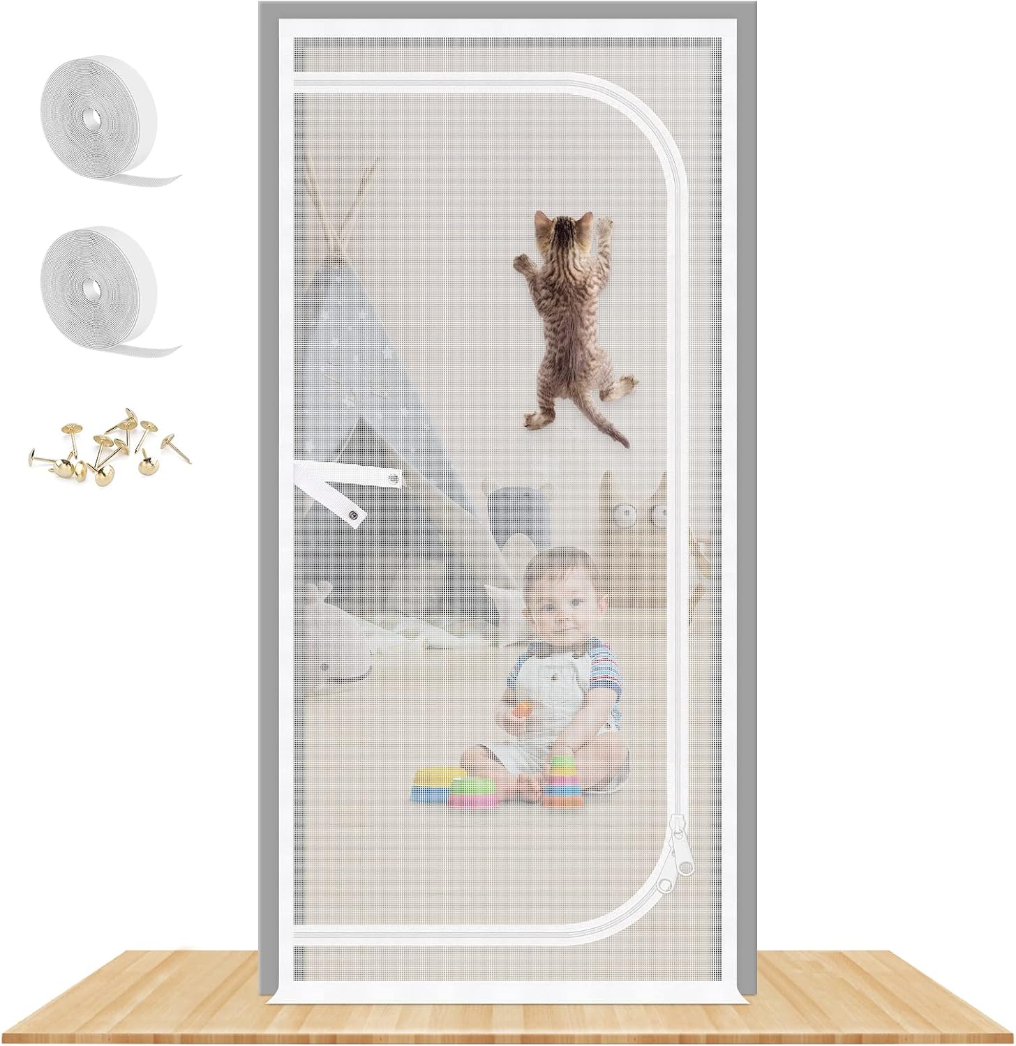 Reinforced Cat Screen Door, 32X82” Heavy Duty Pets Proof Screen Door with Bilateral Zipper, Prevent Dogs Cats Running Out from Home, Bedroom, Living Room, Kitchen Patio Door
