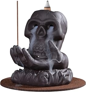 Skull Backflow Incense Burner-Ceramic Waterfall Incense Holder HandRest Aromatherapy Ornament with 20 Incense Cones +30 Incense Sticks +1 Mat +1 Tweezer for Home Office Yoga Decor