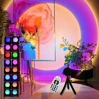 Sunset Lamp Sunset Projection Lamp 16 Modes Rainbow Lamp 360 Rotation with Tripod, RGB Projection Night Lamp for Vlog, Photo, Party and Living Room Décor