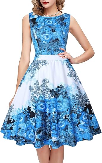 OWIN Women's Floral 1950s Vintage Swing Cocktail Party Dress Sleeveless with Pockets