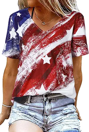 American Flag T Shirt Women USA Star Stripes Fourth July Tee Shirts Casual America Flag Print V Neck Tee Tops