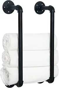 HouseAid Industrial Pipe Towel Rack, Farmhouse Bathroom Towel Storage Holder, Vintage Style Towel Organization, Wall Mounted, Matte Black