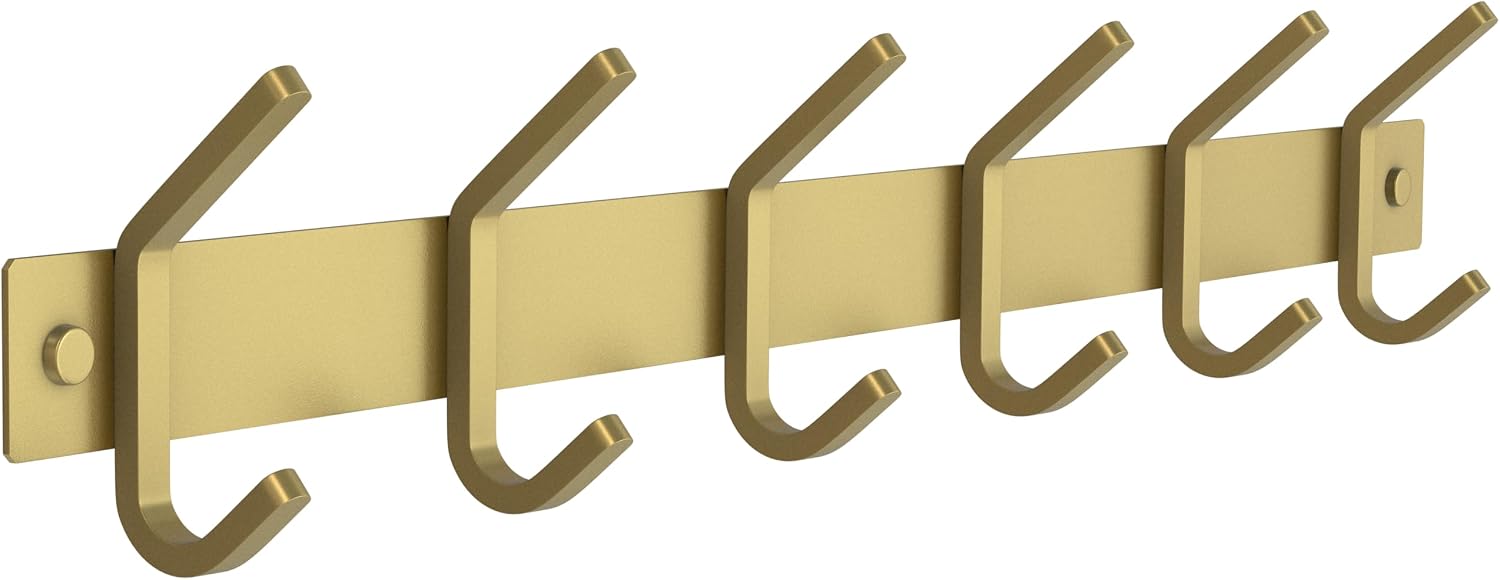 Brushed Gold Coat Rack Wall Mount with 6 Double Hooks for Hanging – 17 Inch Heavy Duty SUS304 Stainless Steel Rustic Coat Hooks – Hat, Clothes, Purse, Towel Wall Hooks – 1 Pack