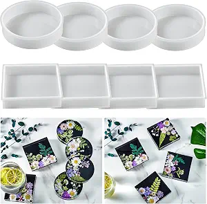 8Pcs Resin Coaster Molds Set, Include 4 Square and 4 Round Thick Silicone Molds for Resin Casting, Coaster Resin Molds for Resin DIY Epoxy Resin Coaster, Cups Mats, Home Decoration
