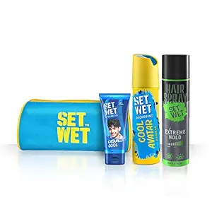 Set Wet Styling Kit- Casually Cool Hair Gel For Men 100ml, Extreme Hold Hair Spray For Men 200ml & Cool Avatar Deodorant Perfume For Men 150ml