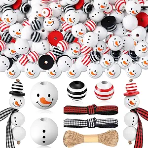 Yulejo 180 Piece Christmas Snowman Wooden Bead Winter Wooden Bead Christmas Buffalo Plaid Wood Round Bead Christmas Print Wooden Beads with DIY Twine Scarf Wooden Beads for Crafts (Strip Pattern)
