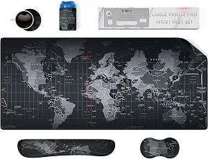 5 in 1 Keyboard Mouse Pad Set, Mouse Pad Wrist Support, Extended Gaming Mouse Pad + Keyboard Wrist Rest Support, (34.5×15.7 in) Large Ergonomic Mousepad Desk Mat Combo -Black World Map