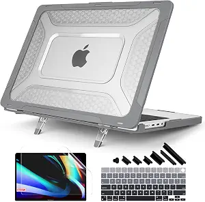 Batianda Compatible with MacBook Pro 14 inch Case 2023 2021 Release A2442 Model, Heavy Duty Honeycomb Design Protective Plastic Hard Shell with TPU Bumper and Fold Kickstand with Keyboard Cover, Grey