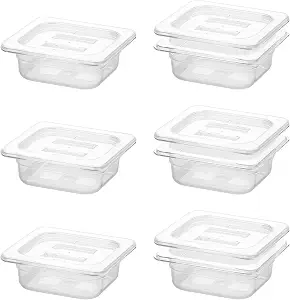6 Pack Food Pans with Lids, 1/6 Size 2.6'' Deep Commercial food storage containers, Polycarbonate, Clear