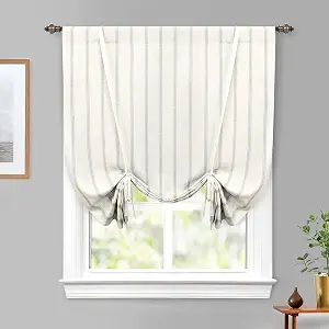 DriftAway Farmhouse Linen Blend Blackout Tie Up Curtain for Kitchen Vertical Striped Printed Linen Curtains Tie Up Shade for Bedroom Adjustable Balloon Rod Pocket 45 Inch by 63 Inch Green
