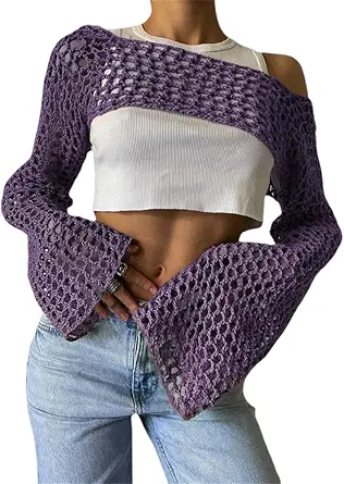 KEOMUD Women Mesh Crochet Crop Top Long Sleeve Hollow Out Cropped Knit Sweater Bikini Beach See Through Cover Ups