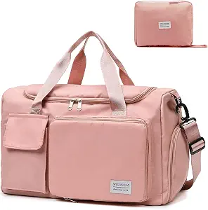Large Foldable Travel Duffel Bag with Shoes Compartment, Sports Tote Gym Bag with Wet Pocket, Carry on Hospital Bags for Labor and Delivery, Shoulder Weekender Overnight Bag for Women and Men, Pink