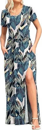 AUSELILY Women Short Sleeve Loose Plain Casual Long Maxi Dresses with Pockets
