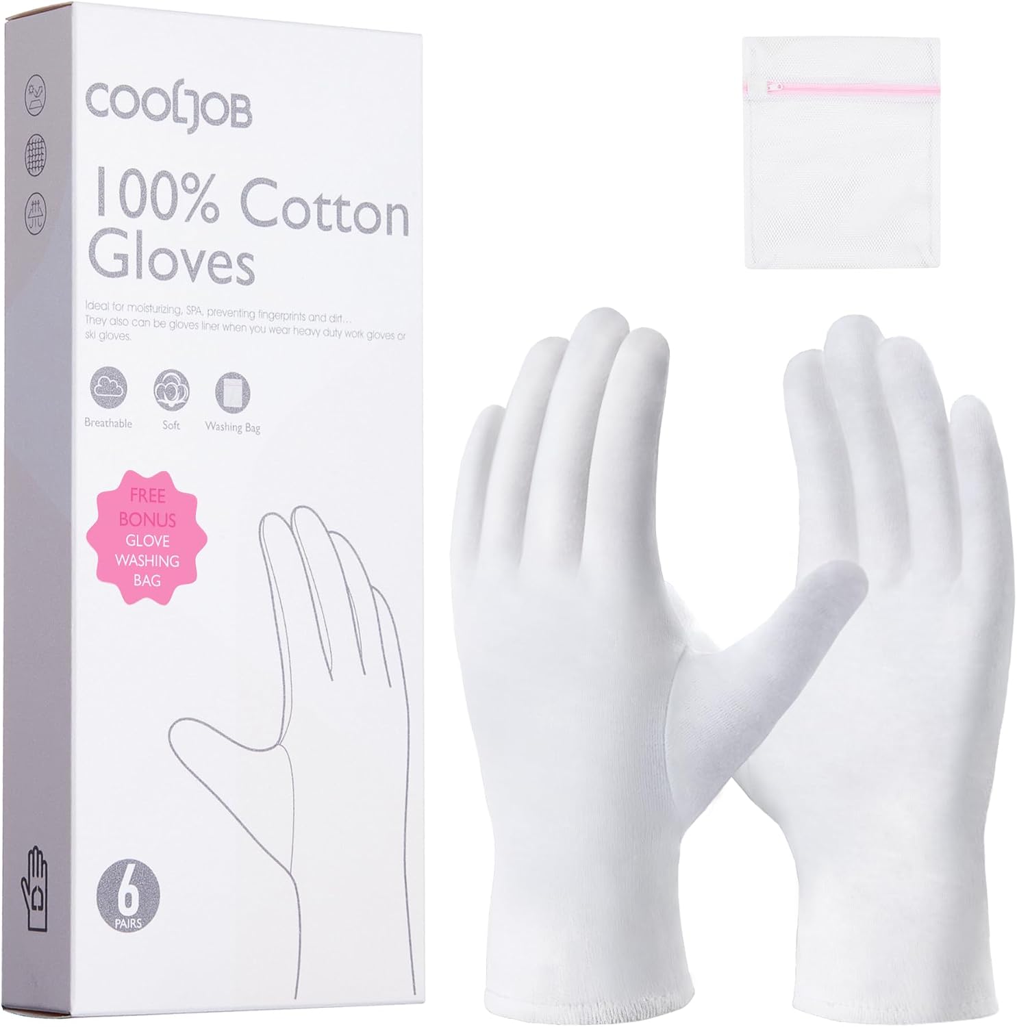 COOLJOB 100% Cotton Gloves, 6 Pairs White Cotton Gloves for Dry Hands Moisturizing & Eczema, Overnight Lotion, Sleep & Spa Treatment for Women & Men, Breathable Work Glove Liners, Large Size