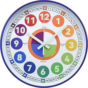 Learning Clock for kids, Glow in The Dark Wall Clock for Bedroom, 12 Inch Silent Night Light Kids Wall Clock, Colorful Illuminated Telling Time Teaching Clock,Kids Room Decor (Illuminated Purple)