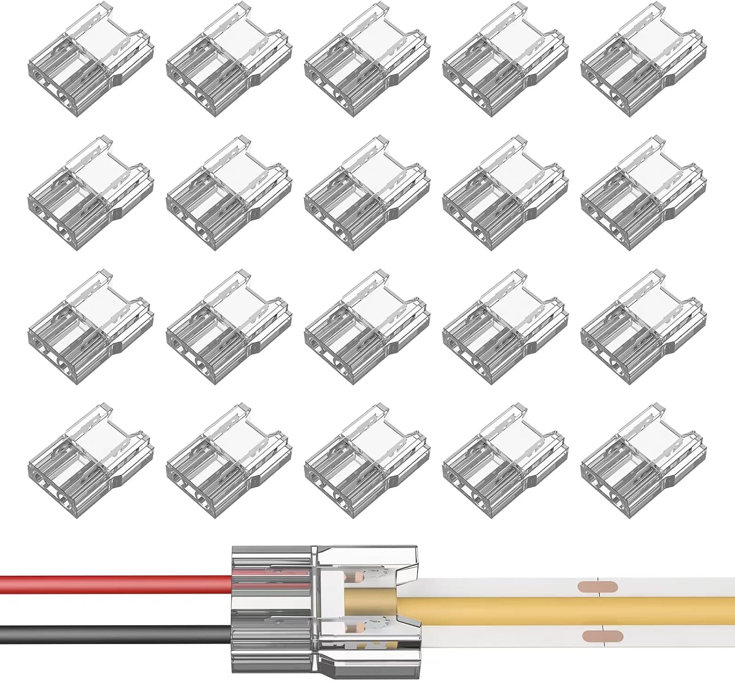 COB LED Light Strip Connectors 20pcs 8mm 2Pin Strip to Wires LED Tape Light Connectors,Transparent Solderless No Dark Area for LED Lights Connector DIY COB/SMD Strip Lights