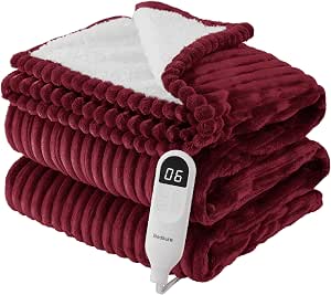Bedsure Heated Blanket Electric Twin - Soft Ribbed Flannel, Fast Heating Electric Blanket with 6 Heating Levels & 10 Time Settings, 8 Hours Auto-Off (62x84 inches, Red)