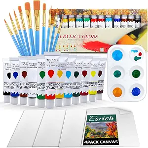Acrylic Painting Set with 1 Packs / 10 PCS Nylon Hair Brushes 12 Color Tubes (12ml, 0.4 oz) 1 PCS Paint Plate and 4 PCS Canvas for Acrylic Painting Artist Professional Kits