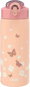 Zak Designs Water Bottle for Travel and At Home, 19 oz Vacuum Insulated Stainless Steel with Locking Spout Cover, Built-In Carrying Loop, Leak-Proof Design (Daisies)