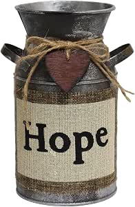 Fauevav Galvanized Milk Can with Greetings and Rope Design, Antique Retro Vase Metal Planter Rustic Vintage Primitive Flower Holder Farmhouse Country Plant for Home Office Decor, 7.5” (Hope)