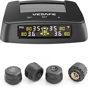 VESAFE Wireless tire Pressure Monitoring System, TPMS, with Solar Charger, Different high/Low Pressure Limits for Two axles, auto Sleep Mode, only Work with Cars, not Work with Camping Vehicles