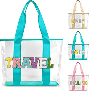 Travel Tote Bag Clear Patch Makeup Toiletry Bag, Chenille Letter Tote Bag Cosmetic Bag, Clear Stadium Letter Bag Waterproof Make up Handbag Organizer Toiletry Pouch for Women Girls(Green Travel)