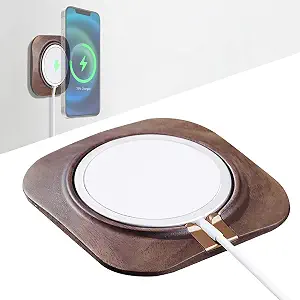 HEWYIOS Mobile Phone Holder for MagSafe Charger, 2023 Upgraded Walnut Wood Charging Holder with Base with Velcro Compatible with iPhone 14 13 12 Mini Plus Pro Max [Without MagSafe]