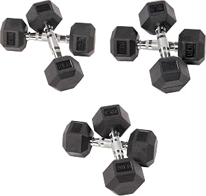 Signature Fitness Rubber Coated Hex Dumbbell Weight Set and Storage Rack, Multiple Packages