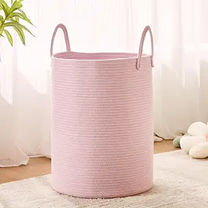 MOJOSCEND Pink Laundry Basket Hamper for Girls Kids Baby, 15Dx20H Inches Large Nursery Hamper Bin, Woven Storage Basket for Living Room Girls room, Boho Tall Rope Baskets for Blanket Toys-60L