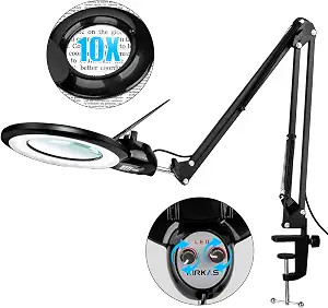 10X Magnifying Glass with Light and Clamp, KIRKAS LED Magnifying Lamp, 2200 Lumen Any Color Modes and Stepless Dimming, Real Glass Lens Magnifier Light for Crafts, Reading, Sewing, Close Work- Black