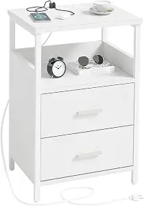 Nightstand with Charging Station, End Table Fabric-Wood 2-in-1 Drawer, Side for Small Spaces, White Bedside Tables USB Ports and Outlets Living Room, Bedroom, Office, KHL-BC-Bai-A