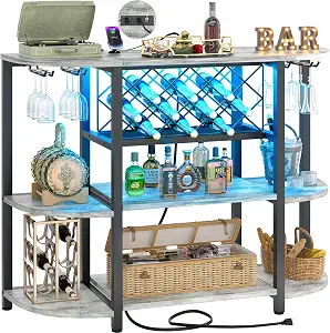 Hyomdeck Home Bar Cabinet with Power Outlet, Industrial Freestanding Wine Bar with LED Strip and Glass Holder, 3-Tier Liquor Bar Cabinet for Liquor and Glasses, Mini Bar for Small Space, White Oak