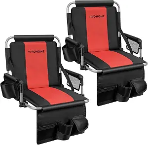 VIVOHOME Stadium Seats with Back Support and Cushion, 2 Pack Portable Bleacher Chairs with Cup Holder, Storage Bags and Shoulder Strap, Black and Red
