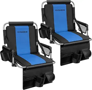 VIVOHOME Stadium Seats with Back Support and Cushion, 2 Pack Portable Bleacher Chairs with Cup Holder, Storage Bags and Shoulder Strap, Black and Blue