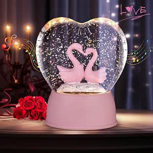 Lighted Snow Globe Lantern, Musical Valentine's Day Snow Globes with 6H Timer, USB & Battery Operated Water Swirling Glitter Lantern with Love Heart Home Office Table Decorations Gifts (Pink)