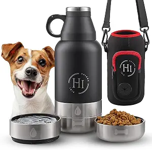 Portable Dog Water Bottle 32 Oz with 2 Bowls Attached and Carrier Bag - Insulated Stainless Steel Pet Travel Water Bottle for Dogs with Portable Dog Food and Water Bowl for Hiking Camping