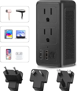 220V to 110V Voltage Converter US to Europe Travel Plug Adapter for Hair Dryer International Universal Travel Adapter with 2 USB A and 2 USB C, Power Converter Adapter Combo for US/EU/UK/AUS