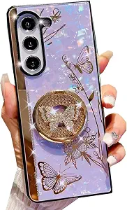 for Samsung Galaxy A15 Case for Women Girls with Ring Kickstand,Galaxy A15 Phone Case Cute Bling Diamond Butterfly Flower Design Glitter Pearl Back Soft TPU Bumper Cover for Samsung A15 5G Purple