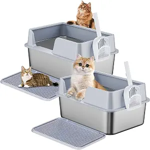 Enclosed Stainless Steel Cat Litter Box Extra Large 9 Inch High Litter Box for Big Cats Open Cat Litter Box with Litter Mat and Scoop Non-Sticky Anti-Leakage (2 Pack)