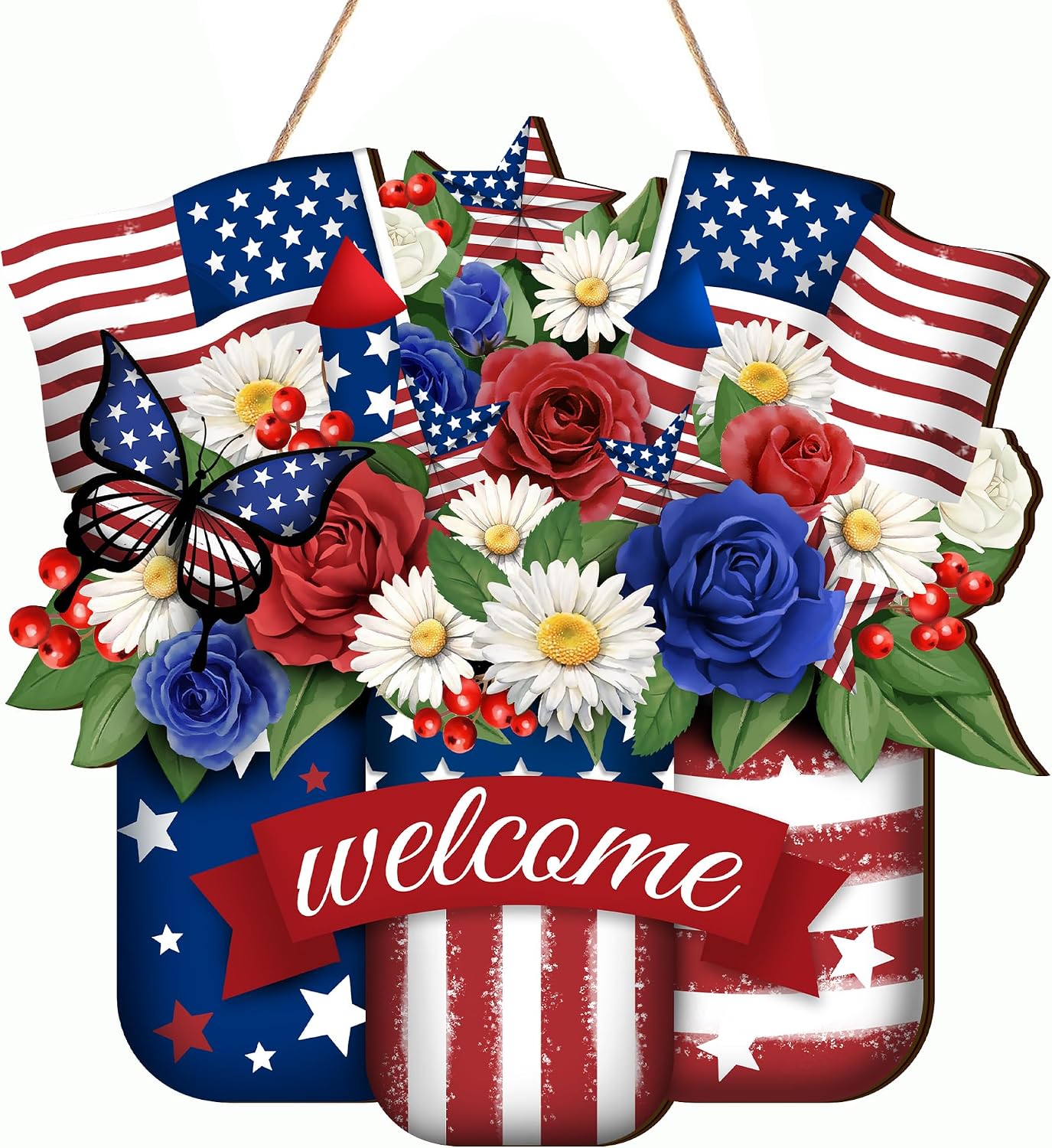4th of July Door Sign Independence Day Wreath Patriotic Door Decoration Flower US Wooden Sign for Memorial Day Front for Door Decor 12 Inch Outdoor